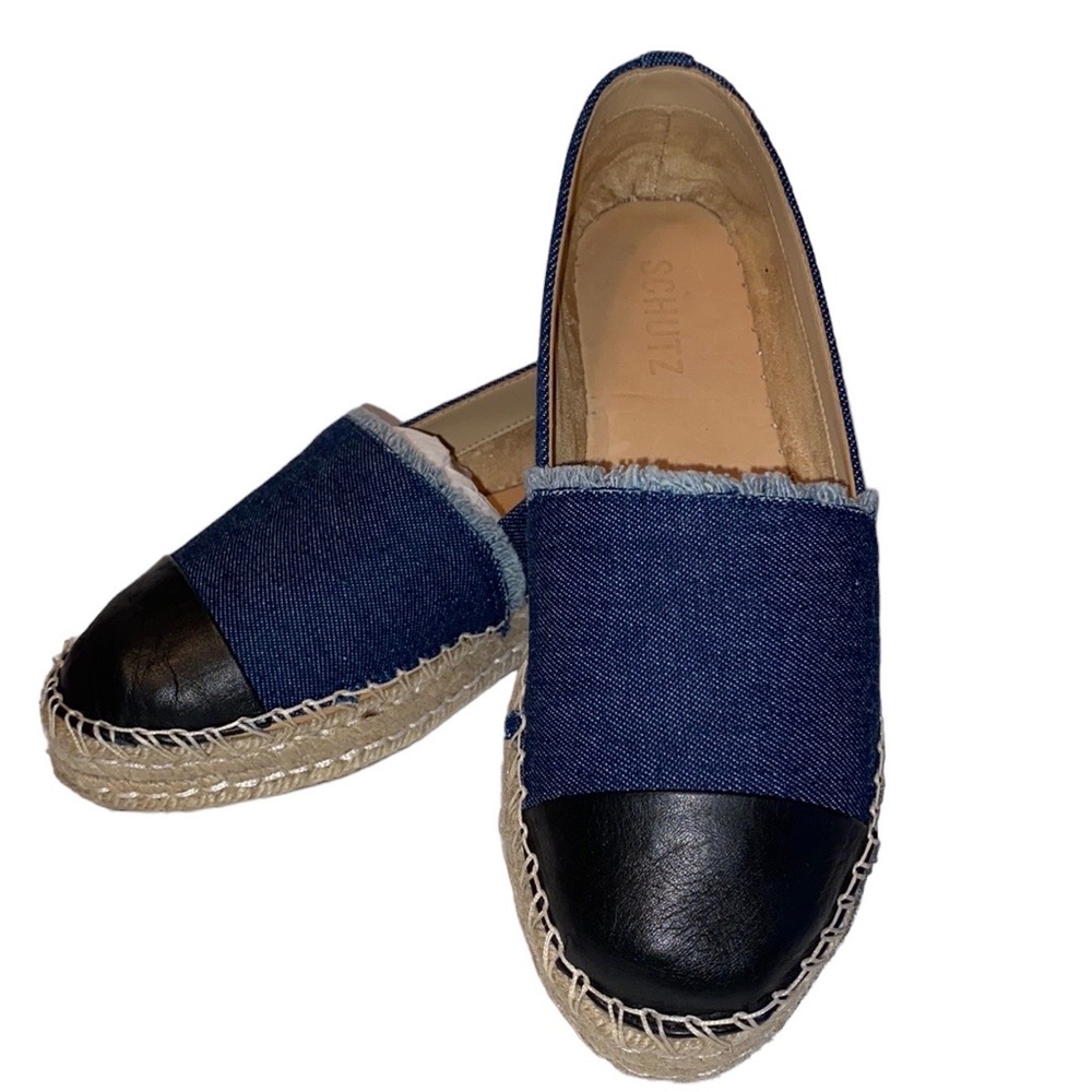 SCHUTZ Denim Blue Black Leather Cap Toe Espadrilles Size 6